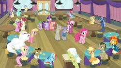 Size: 1600x900 | Tagged: alicorn, angry, applejack, a trivial pursuit, bell, bon bon, bulk biceps, ceiling light, cheerilee, cranky doodle donkey, crowd, cup cake, curtains, daisy, derpibooru import, disappointed, doctor whooves, door, female, flower wishes, fluttershy, friendship student, golden crust, granny smith, levitation, lily, lily valley, lyra heartstrings, magic, male, matilda, maud pie, midnight snack (character), mudbriar, notepad, pinkie pie, podium, rainbow dash, roseluck, sad, safe, screencap, scroll, spike, sunburst, sweetie drops, table, telekinesis, time turner, twilight sparkle, twilight sparkle (alicorn), unamused, upset