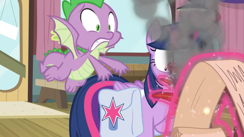 Size: 1600x900 | Tagged: alicorn, a trivial pursuit, bag, derpibooru import, door, dragon, fast, flying, levitation, magic, panicking, quill, saddle bag, safe, screencap, scroll, smoke, spike, telekinesis, twilight sparkle, twilight sparkle (alicorn), window, winged spike