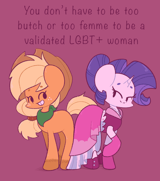 Size: 1064x1201 | Tagged: safe, artist:typhwosion, derpibooru import, applejack, rarity, earth pony, pony, unicorn, alternate hairstyle, bandana, clothes, cute, dress, female, freckles, gloves, hoof shoes, lesbian, lgbt, mare, mouthpiece, pink background, positive ponies, pride, raised hoof, rarijack, shipping, simple background