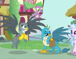 Size: 880x681 | Tagged: safe, derpibooru import, screencap, gabby, gallus, silverstream, spike, dragon, gryphon, hippogriff, dragon dropped, bag, cropped, cute, diastreamies, female, male, saddle bag, shipping fuel, winged spike