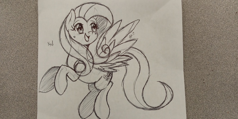 Size: 4608x2304 | Tagged: safe, artist:shelltoon, derpibooru import, fluttershy, pegasus, pony, ballpoint pen, cute, female, flying, photo, sketch, solo, traditional art, yay