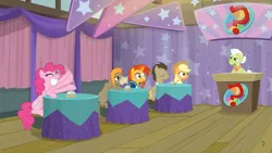 Size: 1600x900 | Tagged: applejack, a trivial pursuit, bell, cheerful, cranky doodle donkey, curtains, derpibooru import, doctor whooves, granny smith, happy, pinkie pie, podium, question mark, ringing, safe, screencap, smiling, sunburst, table, time turner