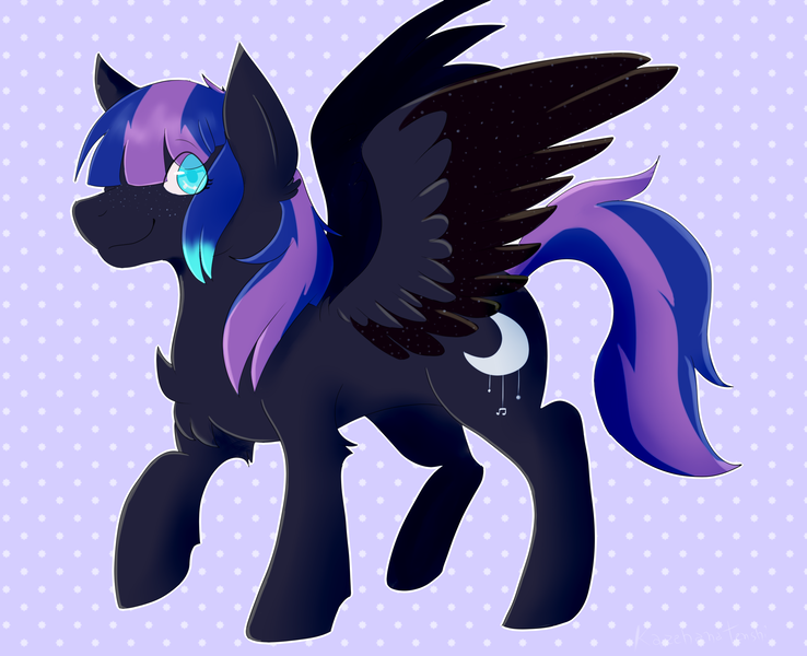 Size: 2371x1928 | Tagged: safe, artist:kazehanatenshi, derpibooru import, oc, oc:night fall, unofficial characters only, pegasus, pony, abstract background, art trade, chest fluff, cutie mark, eye clipping through hair, freckles, looking at you, pegasus oc, raised hoof, smiling, solo, starry wings, wings