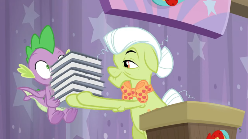 Size: 1600x900 | Tagged: a trivial pursuit, curtains, derpibooru import, dragon, flying, granny smith, notepad, podium, safe, screencap, spike, stack, winged spike