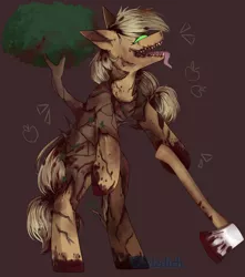 Size: 2248x2540 | Tagged: grimdark, artist:mediasmile666, derpibooru import, applejack, original species, pony, apple, axe, bipedal, blood, brown background, commission, female, food, glowing eyes, hatless, hoof hold, long tongue, mare, missing accessory, obligatory apple, parasitic plant, sharp teeth, simple background, solo, species swap, teeth, tongue out, tree, treejack, weapon