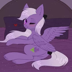 Size: 2000x2000 | Tagged: safe, artist:avrameow, derpibooru import, oc, oc:yoko, pegasus, pony, bed, commission, heart, one eye closed, pegasus oc, pillow, sparkles, wings, wink, ych result