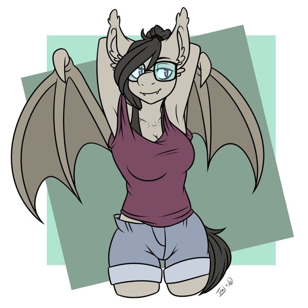 Size: 894x894 | Tagged: safe, artist:angel mutts, derpibooru import, oc, oc:titty sprinkles, anthro, bat pony, anthro oc, arm behind head, armpits, bat pony oc, bat wings, breasts, clothes, female, freckles, glasses, simple background, solo, wings