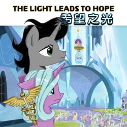 Size: 720x720 | Tagged: safe, artist:happydream, derpibooru import, idw, king sombra, radiant hope, crystal pony, pony, unicorn, spoiler:comic, caduceus, chinese text, crystal empire, female, hopebra, male, shipping, straight