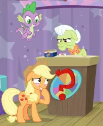 Size: 626x768 | Tagged: applejack, a trivial pursuit, blushing, card, cropped, cute, derpibooru import, disappointed, dishonorapple, dragon, edit, edited screencap, embarrassed, granny smith, granny smith is not amused, jackabetes, podium, question mark, safe, screencap, spike, stare, unamused, winged spike