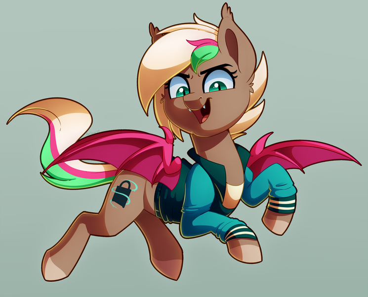 Size: 2373x1911 | Tagged: safe, artist:thegamblehorse, deleted from derpibooru, derpibooru import, oc, oc:data breach, unofficial characters only, bat pony, pony, bat pony oc, bat wings, clothes, fangs, female, jacket, mare, simple background, solo, wings