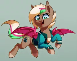 Size: 2373x1911 | Tagged: safe, artist:thegamblehorse, deleted from derpibooru, derpibooru import, oc, oc:data breach, unofficial characters only, bat pony, pony, bat pony oc, bat wings, clothes, fangs, female, jacket, mare, simple background, solo, wings