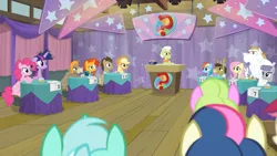 Size: 1366x768 | Tagged: alicorn, applejack, a trivial pursuit, bell, bon bon, bowtie, bulk biceps, cranky doodle donkey, curtains, derpibooru import, doctor whooves, female, fluttershy, frazzled, granny smith, lyra heartstrings, male, matilda, maud pie, messy mane, mudbriar, pinkie pie, podium, question mark, rainbow dash, safe, screencap, sunburst, sweetie drops, table, time turner, twilight sparkle, twilight sparkle (alicorn)