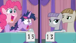 Size: 1366x768 | Tagged: safe, derpibooru import, screencap, maud pie, mudbriar, pinkie pie, twilight sparkle, twilight sparkle (alicorn), alicorn, pony, a trivial pursuit, bell, curtains, female, floppy ears, frazzled, jaw drop, looking at each other, male, messy mane, score, smiling, split screen, table