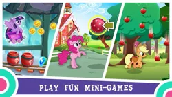 Size: 889x500 | Tagged: safe, derpibooru import, applejack, pinkie pie, twilight sparkle, twilight sparkle (alicorn), alicorn, earth pony, pony, apple, apple tree, barrel, game, gameloft, ponyville schoolhouse, tree