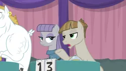 Size: 1366x768 | Tagged: safe, derpibooru import, screencap, bulk biceps, maud pie, mudbriar, pony, a trivial pursuit, bell, curtains, female, male, notepad, score, table