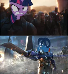 Size: 618x673 | Tagged: anthro, avengers, avengers: endgame, captain america, derpibooru import, edit, grogar, marvel cinematic universe, meme, safe, thanos, twilight sparkle, twilight vs grogar