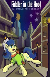 Size: 724x1104 | Tagged: safe, artist:moonlightfan, derpibooru import, fiddlesticks, earth pony, pony, fanfic:fiddler in the hoof, apple family member, background pony, cover art, crystaller building, fanfic art, female, manehattan, mare, night, night sky, sky, solo