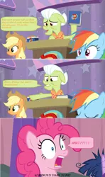 Size: 1366x2312 | Tagged: safe, derpibooru import, edit, edited screencap, screencap, applejack, granny smith, pinkie pie, rainbow dash, twilight sparkle, twilight sparkle (alicorn), alicorn, pony, a trivial pursuit, book, bowtie, comic, dialogue, disbelief, disqualified, messy, messy mane, podium, pointing, screencap comic, shocked, speech bubble