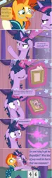 Size: 1366x4632 | Tagged: safe, derpibooru import, edit, edited screencap, screencap, sunburst, twilight sparkle, twilight sparkle (alicorn), alicorn, pony, a trivial pursuit, angry, bell, betrayal, betrayed, book, comic, curtains, daring do book, floppy ears, frazzled, hypocrisy, hypocrite, levitation, magic, messy mane, notepad, score, screencap comic, speech bubble, table, telekinesis, teleportation, upset