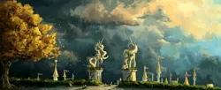 Size: 2660x1080 | Tagged: safe, artist:plainoasis, derpibooru import, pony, autumn, background pony, cloud, digital painting, park, scenery, scenery porn, sky, statue, tree