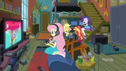 Size: 1366x768 | Tagged: safe, derpibooru import, screencap, applejack, fluttershy, rarity, sunset shimmer, costume conundrum, equestria girls, equestria girls series, spoiler:choose your own ending (season 2), spoiler:eqg series (season 2), discovery family logo, gamershy, geode of super strength, magical geodes, sunset's apartment, video game