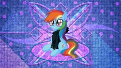 Size: 5120x2880 | Tagged: safe, artist:cyanlightning, artist:laszlvfx, derpibooru import, edit, rainbow dash, pegasus, pony, clothes, glasses, hoodie, solo, wallpaper, wallpaper edit