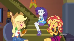 Size: 2048x1152 | Tagged: safe, derpibooru import, screencap, applejack, rarity, sunset shimmer, costume conundrum, equestria girls, equestria girls series, spoiler:choose your own ending (season 2), spoiler:eqg series (season 2), female, geode of empathy, geode of shielding, geode of super strength, iphone, magical geodes, sunset's apartment
