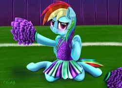 Size: 6300x4550 | Tagged: safe, artist:darksly, derpibooru import, rainbow dash, pegasus, pony, 2 4 6 greaaat, blushing, cheerleader, cheerleader outfit, cheerleader rainbow dash, clothes, cute, dashabetes, female, mare, moe, pleated skirt, pom pom, rainbow dash always dresses in style, skirt, solo, tsunderainbow, tsundere