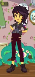 Size: 312x672 | Tagged: safe, derpibooru import, screencap, sunset shimmer, wooyoo, vampire, costume conundrum, costume conundrum: sunset shimmer, equestria girls, equestria girls series, spoiler:choose your own ending (season 2), spoiler:eqg series (season 2), belt, boots, bulk biceps' home, clothes, cropped, eyeliner, eyes closed, eyeshadow, fangs, female, gloves, jacket, jeans, laughing, leather jacket, makeup, pants, shoes, vampire shimmer