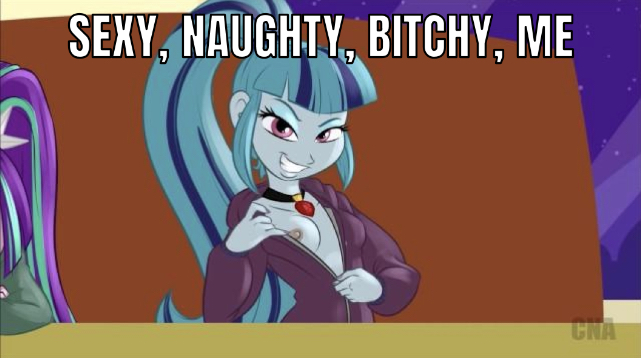 Size: 641x358 | Tagged: questionable, artist:ponut_joe, derpibooru import, edit, editor:undeadponysoldier, aria blaze, sonata dusk, equestria girls, rainbow rocks, bedroom eyes, breasts, caption, clothes, hoodie, image macro, looking at you, naughty, nipples, nudity, sexy naughty bitchy, song reference, stripping, stupid sexy sonata dusk, tata young, text, unzipping, vulgar