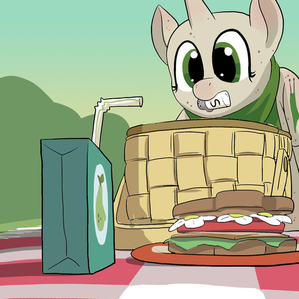 Size: 800x800 | Tagged: artist:askthejuicebox, artist:docwario, basket, derpibooru import, food, juice, juice box, oc, oc:juice box, oc:shiver, pear juice, picnic, picnic basket, picnic blanket, safe, sandwich