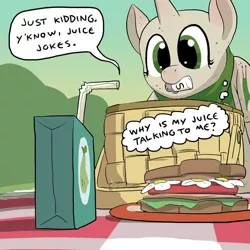 Size: 800x800 | Tagged: artist:askthejuicebox, artist:docwario, basket, derpibooru import, food, juice, juice box, oc, oc:juice box, oc:shiver, pear juice, picnic, picnic basket, picnic blanket, safe, sandwich