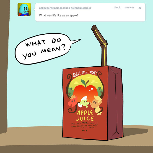 Size: 800x800 | Tagged: safe, artist:askthejuicebox, artist:docwario, derpibooru import, applejack, big macintosh, granny smith, oc, oc:juice box, pony, apple juice, juice, juice box