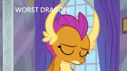 Size: 1280x720 | Tagged: abuse, blatant lies, derpibooru import, downvote bait, edit, edited screencap, go to bed sludge, op has an opinion, safe, screencap, smolder, smolderbuse, sweet and smoky, worst pony