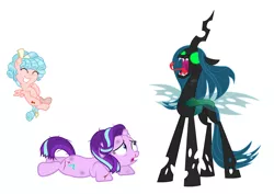 Size: 1448x1024 | Tagged: semi-grimdark, derpibooru import, cozy glow, queen chrysalis, starlight glimmer, spoiler:s09, abuse, broken horn, edgy, fake, faker than a three dollar bill, glimmerbuse, glowing eyes, horn, revenge, simple background, tongue out, white background