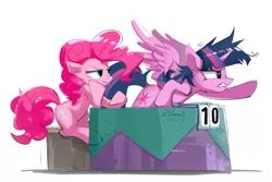 Size: 1375x919 | Tagged: safe, artist:coldrivez, derpibooru import, pinkie pie, twilight sparkle, twilight sparkle (alicorn), alicorn, earth pony, pony, a trivial pursuit, ambition, angry, annoyed, duo, female, leaning on table, mare, messy mane, pointing, quiz game, simple background, sitting, spread wings, table, white background, wings