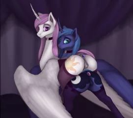 Size: 2600x2300 | Tagged: explicit, alternate version, artist:ghost3280, derpibooru import, princess celestia, princess luna, alicorn, pony, anal insertion, anatomically correct, anus, bed, bedroom, butt, buttplug, canopy, canopy bed, clothes, collar, corset, dock, female, floppy ears, horn, insertion, looking at you, looking back, looking back at you, lying on top of someone, mare, moonbutt, nudity, plot, presenting, presenting pussy, raised tail, royal sisters, sex toy, siblings, sisters, socks, stockings, sunbutt, tail, tail aside, thigh highs, underwear, vulva, wings