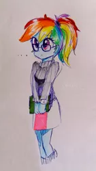 Size: 1512x2688 | Tagged: safe, artist:liaaqila, derpibooru import, rainbow dash, equestria girls, adorkable, alternate hairstyle, clothes, cute, dashabetes, dork, female, glasses, miniskirt, moe, ponytail, rainbow dork, schoolgirl, simple background, skirt, socks, solo, sweater, traditional art, weapons-grade cute, white background