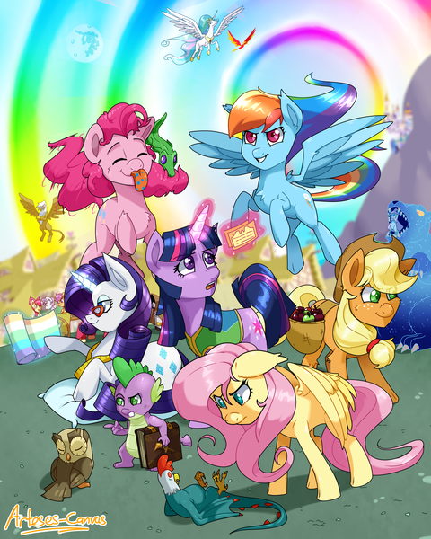 Size: 2000x2500 | Tagged: safe, artist:arteses-canvas, derpibooru import, apple bloom, applejack, big macintosh, fluttershy, gilda, gummy, owlowiscious, philomena, pinkie pie, princess celestia, rainbow dash, rarity, scootaloo, spike, sweetie belle, trixie, twilight sparkle, zecora, bear, cockatrice, earth pony, pegasus, pony, unicorn, ursa, ursa minor, season 1, apple basket, book of harmony, cart, cutie mark crusaders, distressed, female, gala ticket, glowing horn, horn, magic, mane seven, mane six, mare, mare in the moon, measuring tape, moon, pillow, pinkie sense, ponyville, saddle basket, sonic rainboom, spitty pie, spread wings, stare, the stare, ticket, unicorn twilight, wings, winter wrap up vest