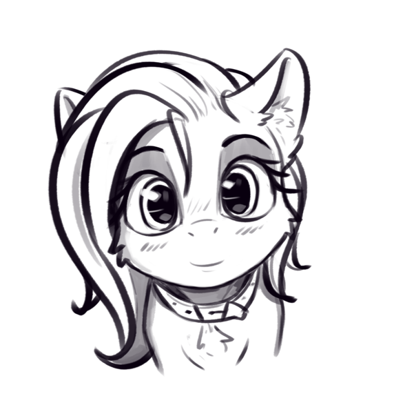 Size: 1625x1706 | Tagged: safe, artist:alcor, derpibooru import, fluttershy, pegasus, pony, blushing, bust, chest fluff, choker, chokershy, collar, cute, ear fluff, female, grayscale, looking at you, mare, monochrome, portrait, precious, smiling, solo, stray strand, sweet dreams fuel