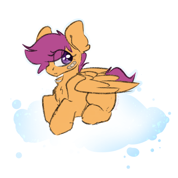 Size: 2000x2000 | Tagged: safe, artist:spoopygander, derpibooru import, scootaloo, pegasus, pony, bandaid, chest fluff, cloud, eye clipping through hair, eyelashes, female, filly, outline, prone, sitting, solo, wings