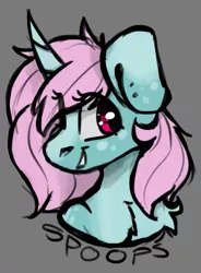 Size: 385x522 | Tagged: safe, artist:spoopygander, derpibooru import, oc, oc:scoops, unofficial characters only, pony, unicorn, blaze (coat marking), chest fluff, ear piercing, earring, freckles, horn, jewelry, looking at you, markings, piercing, smiling, solo, unicorn oc