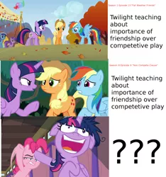 Size: 1972x2105 | Tagged: safe, derpibooru import, edit, edited screencap, screencap, applejack, pinkie pie, rainbow dash, twilight sparkle, twilight sparkle (alicorn), alicorn, earth pony, pegasus, pony, unicorn, a trivial pursuit, fall weather friends, non-compete clause, /mlp/, female, floppy ears, hypocrisy, image, jpeg, leaves, mare, messy mane, twilight snapple, twilighting, unicorn twilight