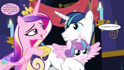 Size: 1280x720 | Tagged: safe, derpibooru import, edit, edited screencap, screencap, princess cadance, princess flurry heart, shining armor, alicorn, pony, unicorn, best gift ever, candle, crown, cute, cutedance, dialogue, female, hoof shoes, jewelry, male, mare, regalia, shiningcadance, shipping, speech bubble, stallion, straight, twilight's castle