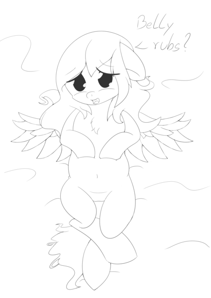 Size: 2480x3508 | Tagged: suggestive, artist:icy wings, derpibooru import, oc, oc:frost soar, unofficial characters only, pony, bed, belly button, chest fluff, floppy ears, from above, lineart, looking at you, solo