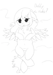 Size: 2480x3508 | Tagged: suggestive, artist:icy wings, derpibooru import, oc, oc:frost soar, unofficial characters only, pony, bed, belly button, chest fluff, floppy ears, from above, lineart, looking at you, solo