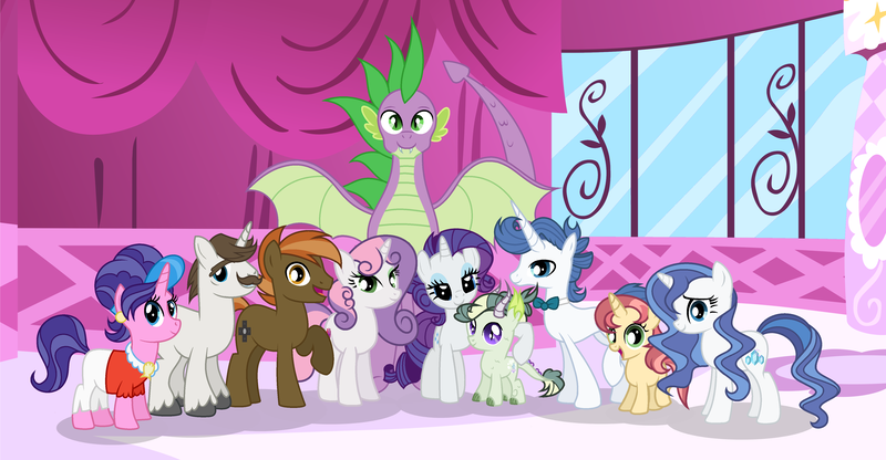 Size: 4505x2341 | Tagged: safe, artist:velveagicsentryyt, derpibooru import, button mash, cookie crumbles, hondo flanks, rarity, spike, sweetie belle, oc, oc:burnity, oc:sky city, oc:spectrum lights, oc:strawberlly, dracony, dragon, hybrid, pony, unicorn, cousins, female, filly, half-siblings, interspecies offspring, male, mare, offspring, older, older spike, parent:button mash, parent:fancypants, parent:rarity, parent:spike, parent:sweetie belle, parents:raripants, parents:sparity, parents:sweetiemash, shipping, sparity, stallion, straight, sweetiemash, winged spike