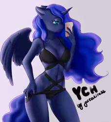 Size: 2500x2742 | Tagged: suggestive, artist:yutakira92, derpibooru import, princess luna, oc, alicorn, anthro, pony, belly button, big breasts, breasts, clothes, commission, female, horn, iphone, lingerie, selfie, sexy, solo, solo female, teasing, wings, ych example, your character here