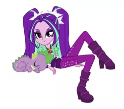 Size: 750x661 | Tagged: safe, artist:mit-boy, derpibooru import, edit, editor:undeadponysoldier, vector edit, aria blaze, spike, dragon, equestria girls, ariaspike, disguise, disguised siren, female, looking at you, lying down, male, pigtails, shipping, simple background, sleeping, smug, spikelove, straight, vector, white background