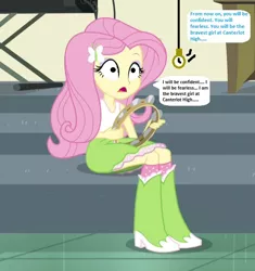 Size: 610x648 | Tagged: safe, derpibooru import, editor:thomasfan45, fluttershy, equestria girls, 1000 hours in ms paint, blank expression, boots, clothes, cute, hypno eyes, hypnoshy, hypnosis, hypnotized, implied rainbow dash, musical instrument, pendulum swing, pocket watch, request, shoes, sitting, skirt, socks, solo, speech bubble, tambourine, tanktop